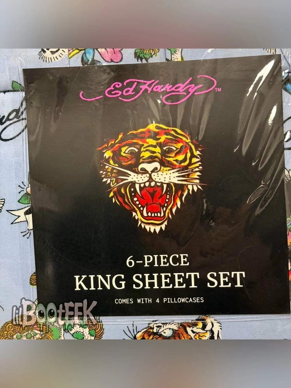 Ed Hardy 6-Piece King Sheet Set Blue w Floral Bird Tiger Print VIRAL Y2K